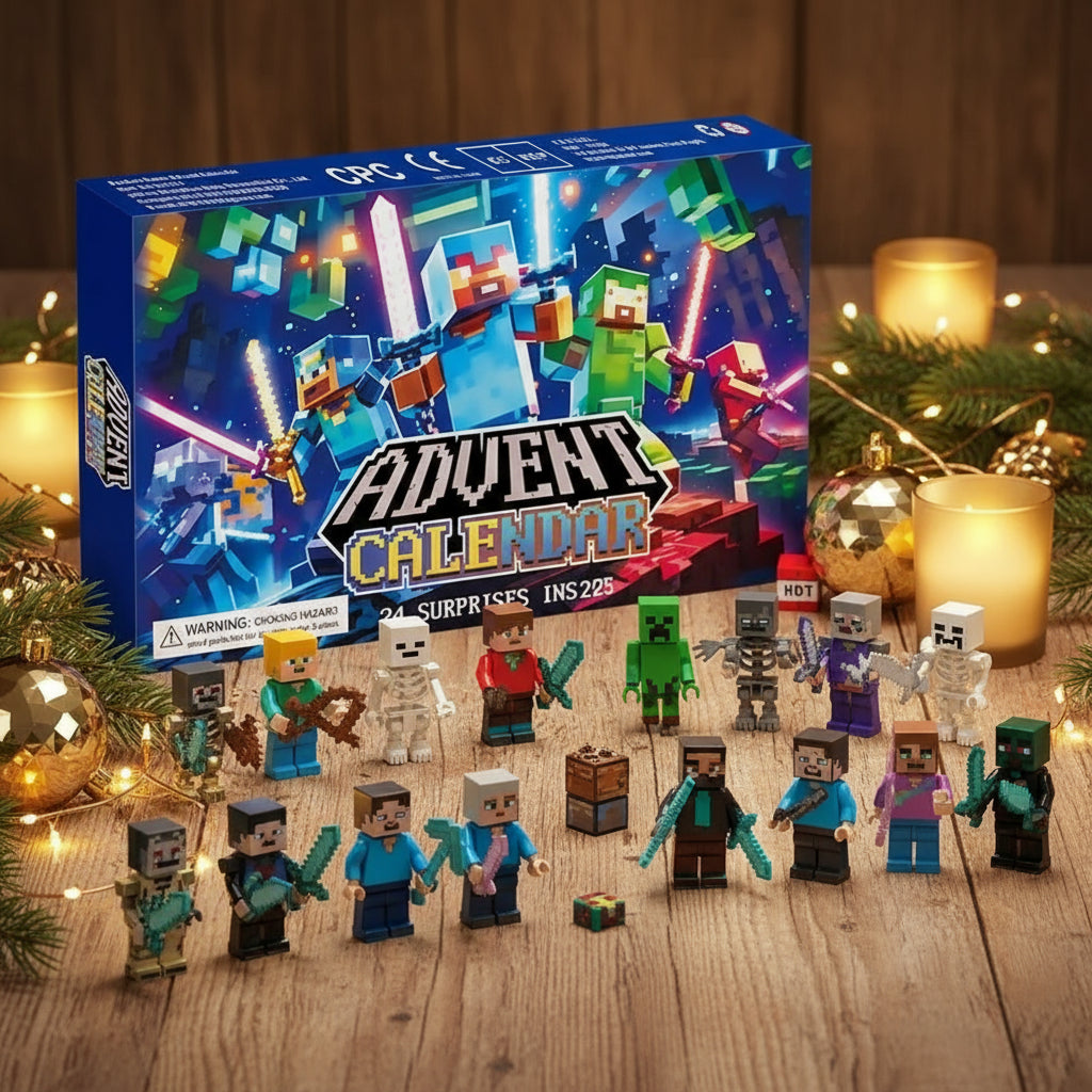 Minecraft Adventskalender 2025 mit 24 Figuren Helden Monster und Kreaturen ausgelegt