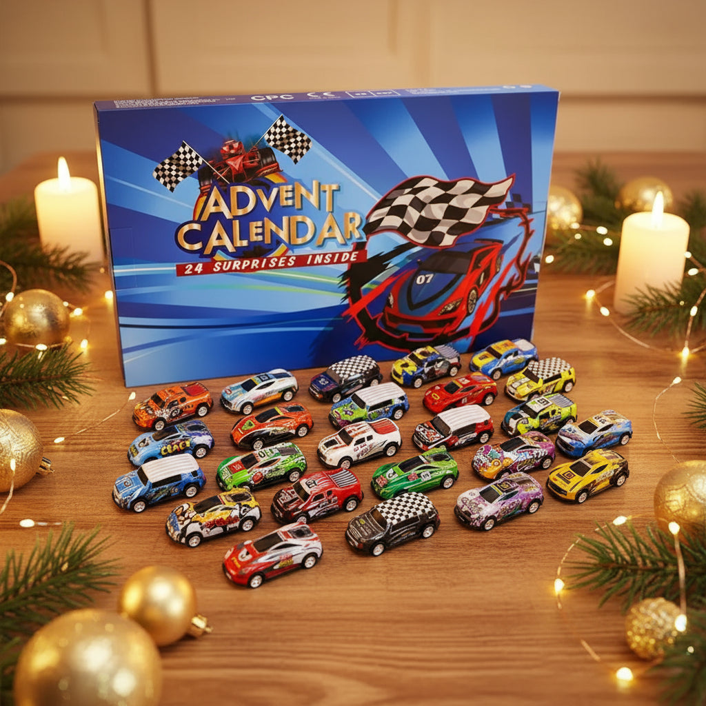 Auto Adventskalender 2025 mit 24 bunten Spielzeug-Rennwagen für Kinder