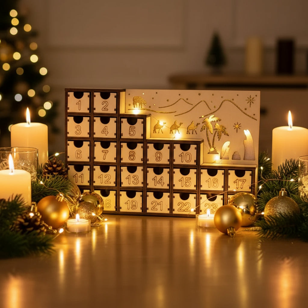 Holz Adventskalender mit LED Handgefertigt, energiesparendes und batteriebetriebenes sanftes Licht für gemütliche Abende.