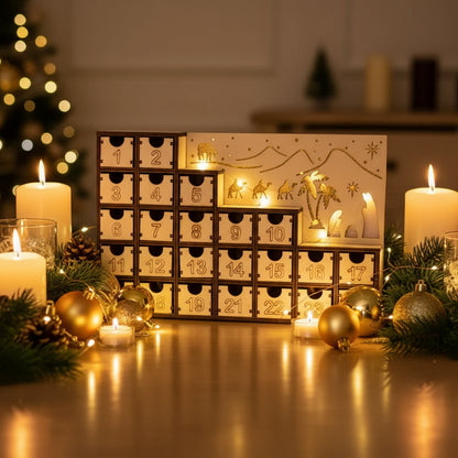 Holz Adventskalender mit LED Handgefertigt, energiesparendes und batteriebetriebenes sanftes Licht für gemütliche Abende.
