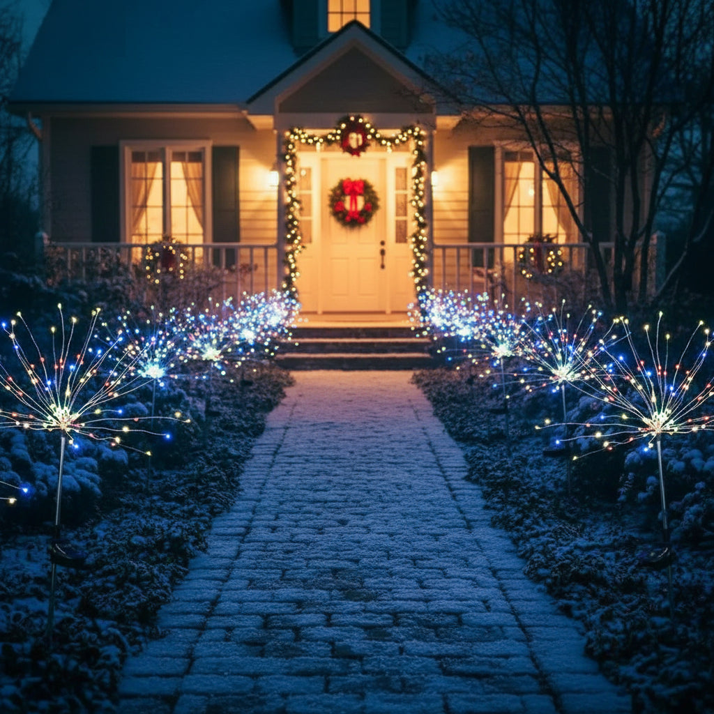 Solar LED Weihnachts- und Feuerwerkslicht in einer festlichen Gartenumgebung, ideal für Weihnachtsbeleuchtung.