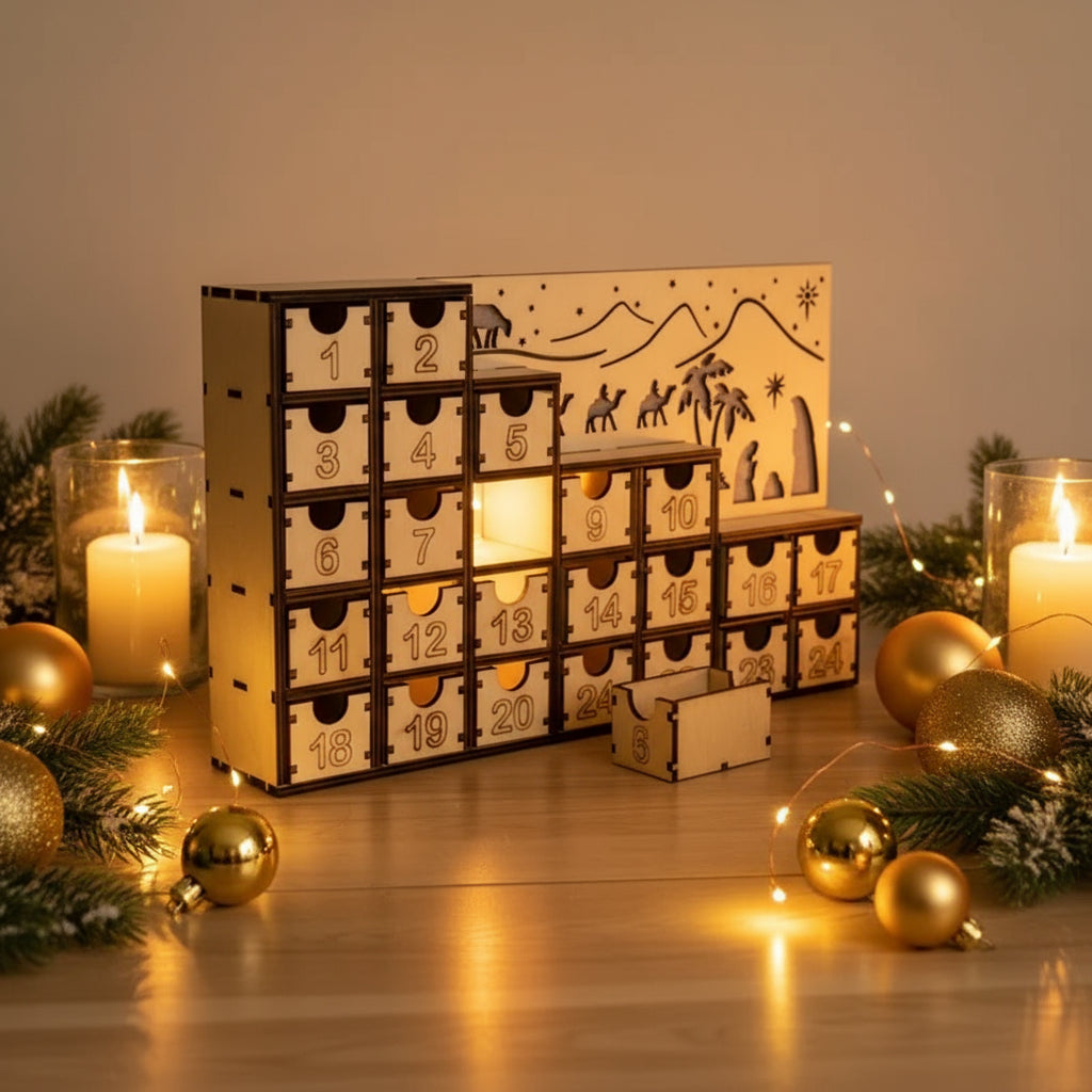 Holz Adventskalender mit LED Handgefertigt, in natürlichem Holz für eine nachhaltige und langlebige Dekoration.
