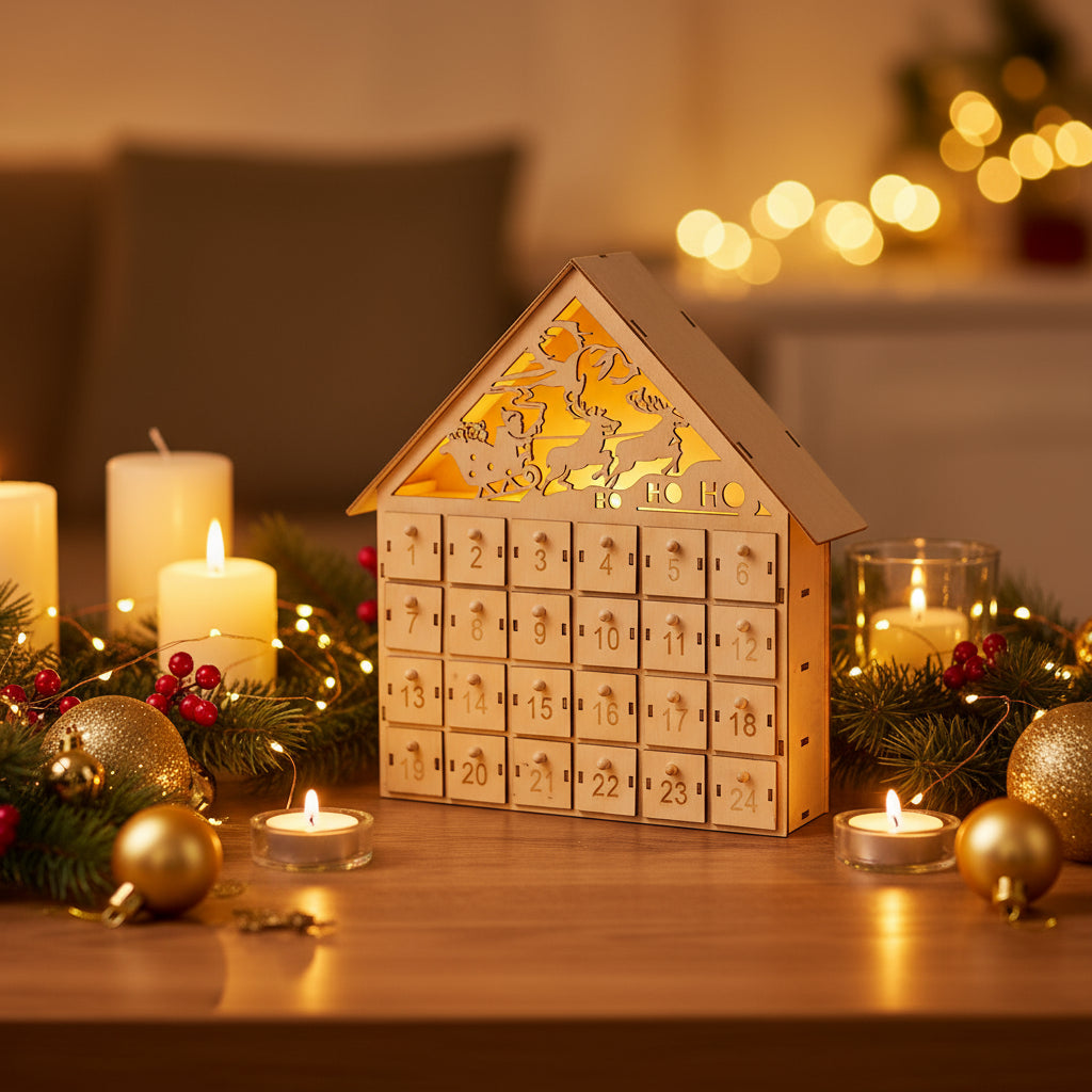 Holz Adventskalender mit LED Weihnachtshaus DIY – Produktdetails und Maße des handgefertigten Adventskalenders.