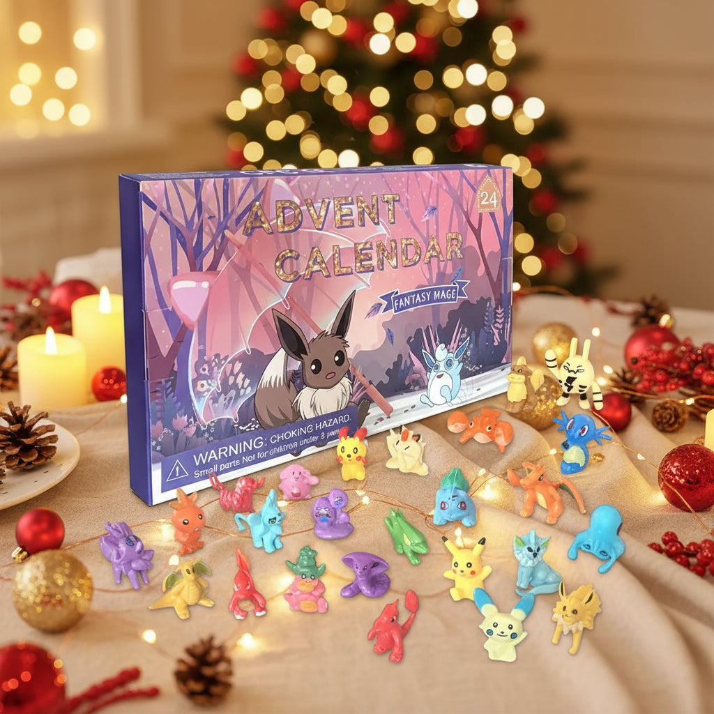 Evoli Pokémon Adventskalender 2025 Fantasy Edition mit 24 kleinen Figuren (3 cm Größe).