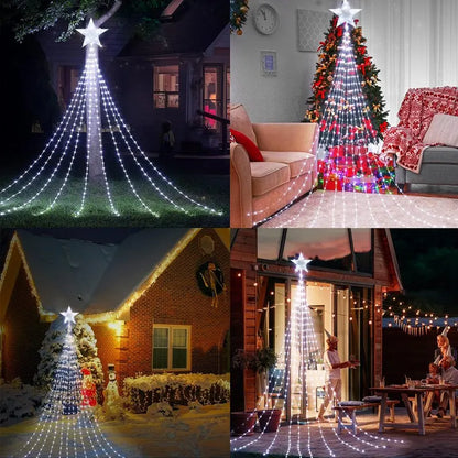 Bunte RGB LED Wasserfall-Lichterkette mit 198 Lichtern am Christbaum