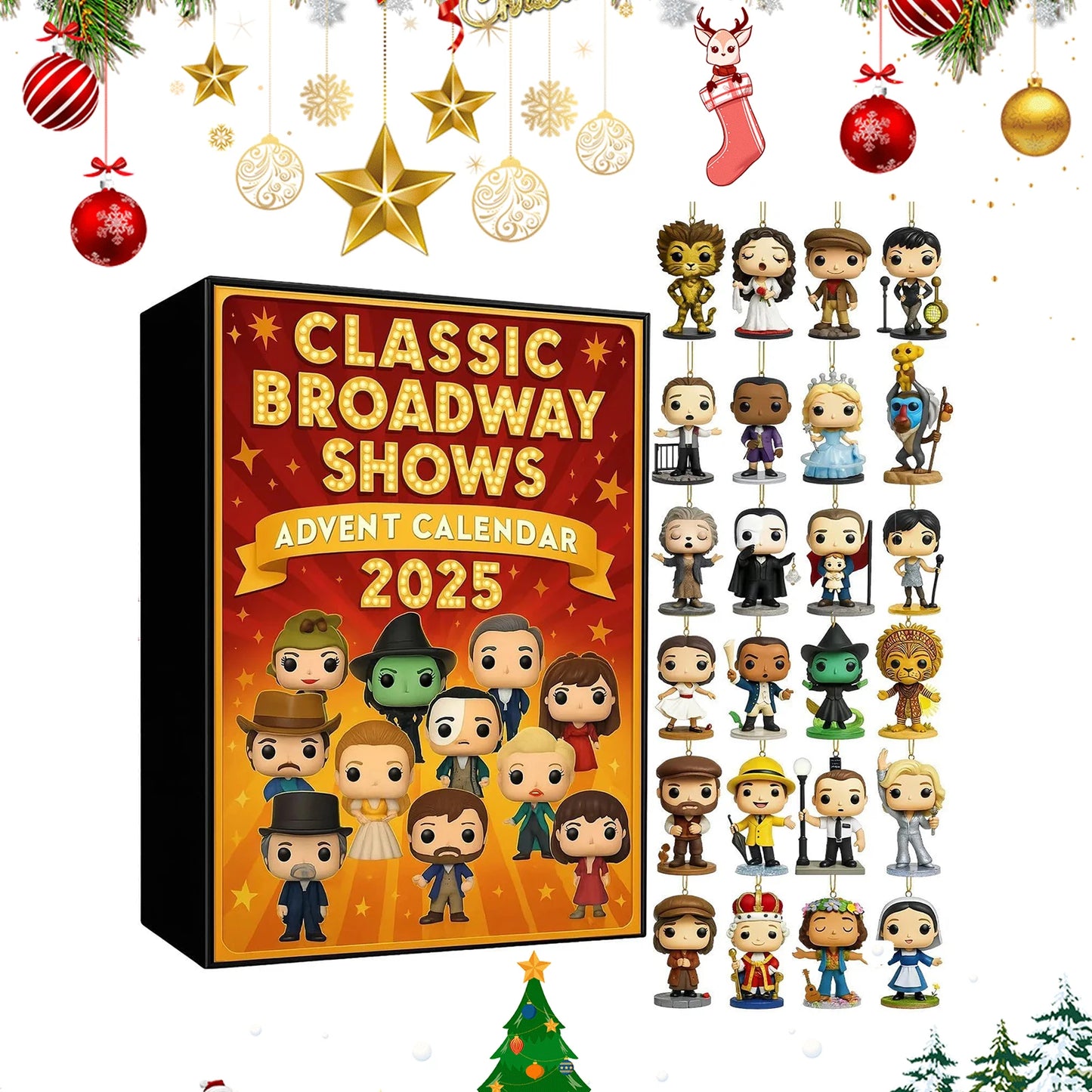 Klassischer Broadway Shows Adventskalender 2025 mit detailreichen Minifiguren von ikonischen Broadway-Charakteren.