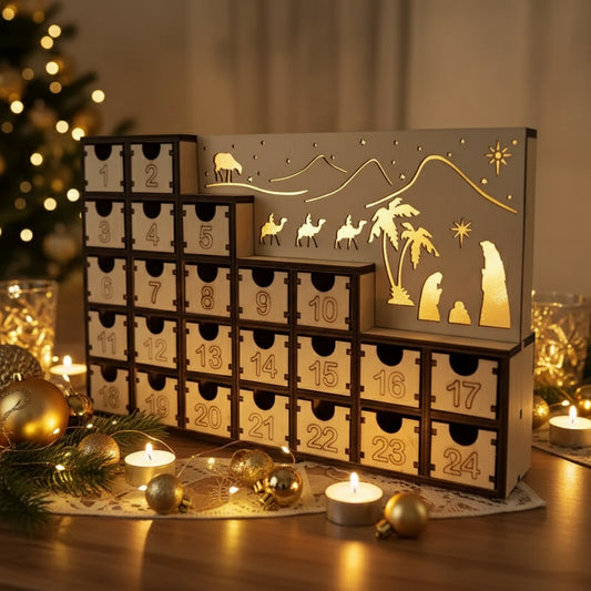 Holz Adventskalender mit LED Handgefertigt, wunderschöner Blick auf die handgefertigte Weihnachtskrippe mit warmem Licht.