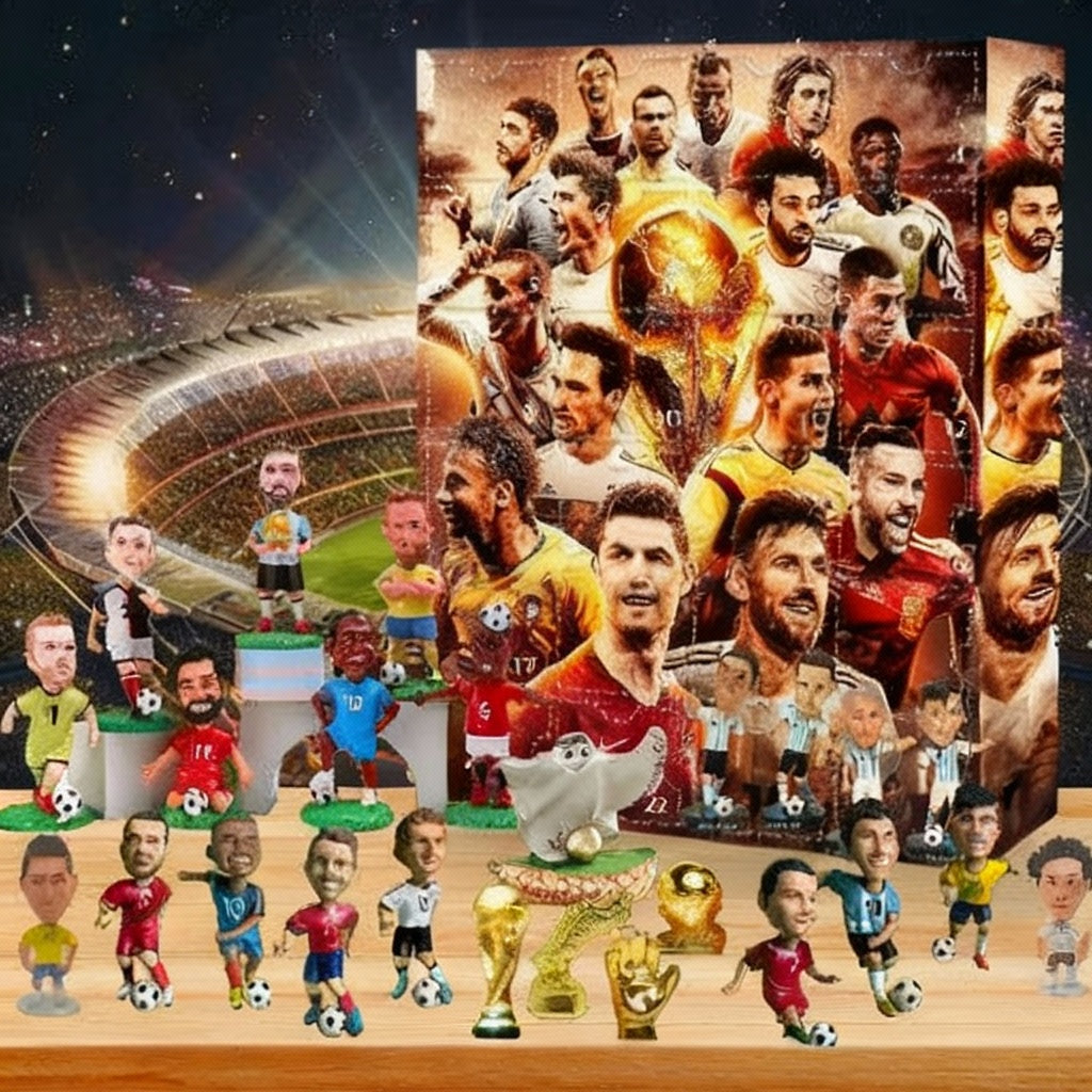 Fussball Adventskalender mit 24 Mini-Figuren & Accessoires für Fans und Sammler, geschmückt mit bunten Figuren und Fan-Artikel.