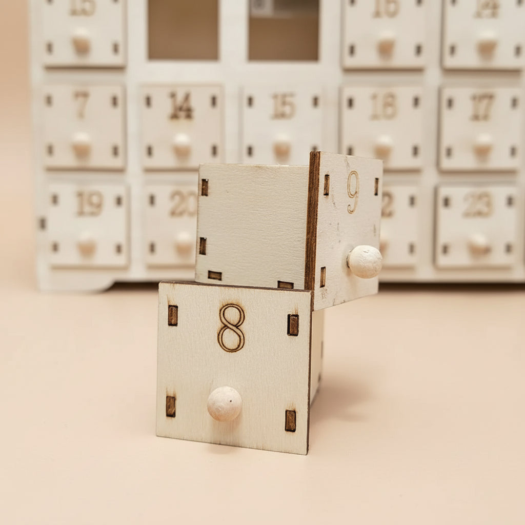 Holz Adventskalender mit LED Weihnachtshaus DIY – Elegante Präsentation der 24 Fächer für persönliche Überraschungen und Geschenke.