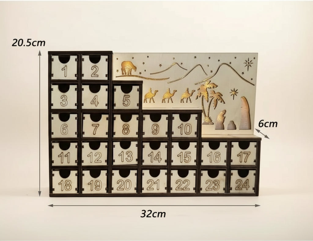 Skizze vom Holz Adventskalender mit LED Handgefertigt, präsentiert die integrierte Krippenszene mit der heiligen Familie.