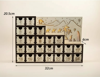 Skizze vom Holz Adventskalender mit LED Handgefertigt, präsentiert die integrierte Krippenszene mit der heiligen Familie.