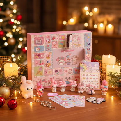 Adventskalender Kuromi, Hello Kitty, My Melody & Cinnamoroll - Charmante Designs der Sanrio-Charaktere für eine festliche Stimmung.