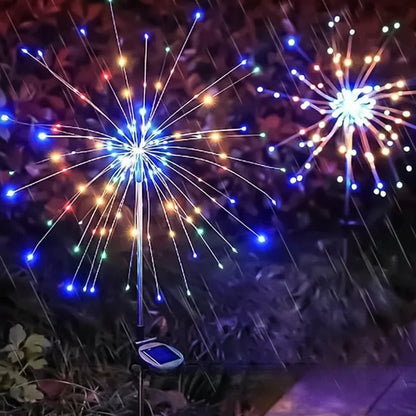 Solar LED Weihnachts- und Feuerwerkslicht in verschiedenen Lichtfarben, perfekt für stimmungsvolle Dekoration zu jeder Jahreszeit.