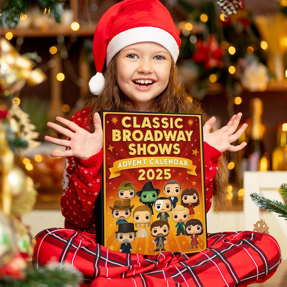 Eine Sammlung der einzigartigen Figuren aus dem Klassischen Broadway Shows Adventskalender 2025, jeder inspiriert von Broadway-Klassikern.