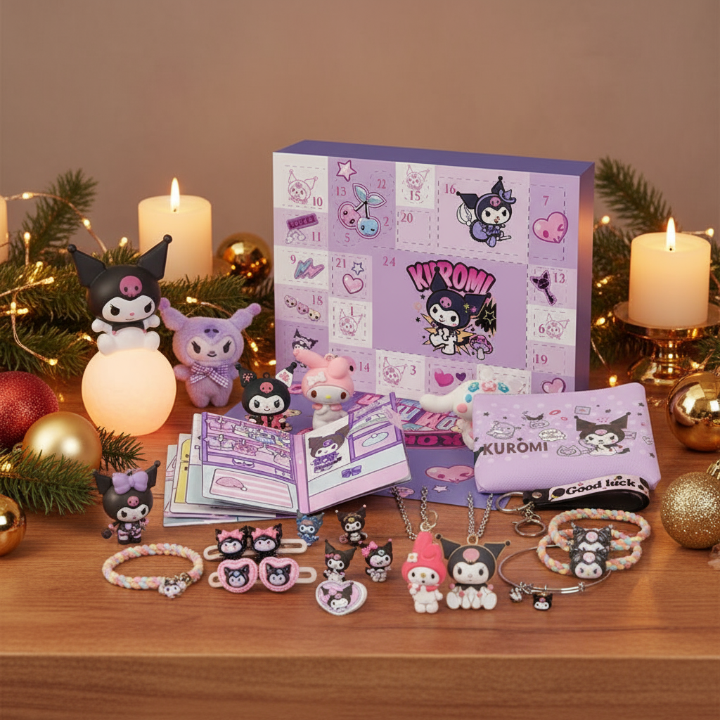 Adventskalender Kuromi, Hello Kitty, My Melody & Cinnamoroll - Design mit Sanrio-Charakteren, perfekt für Sammler und Kinder.