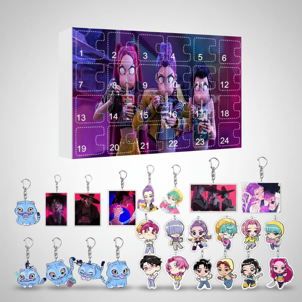 K-Pop Demon Hunters Adventskalender Design mit Anhänger für die Tasche.