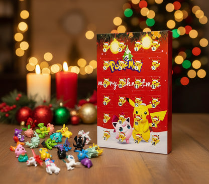 Pokémon Adventskalender 2025 Rote Weihnachtsausgabe mit Pikachu und Jigglypuff vor rotem Hintergrund.