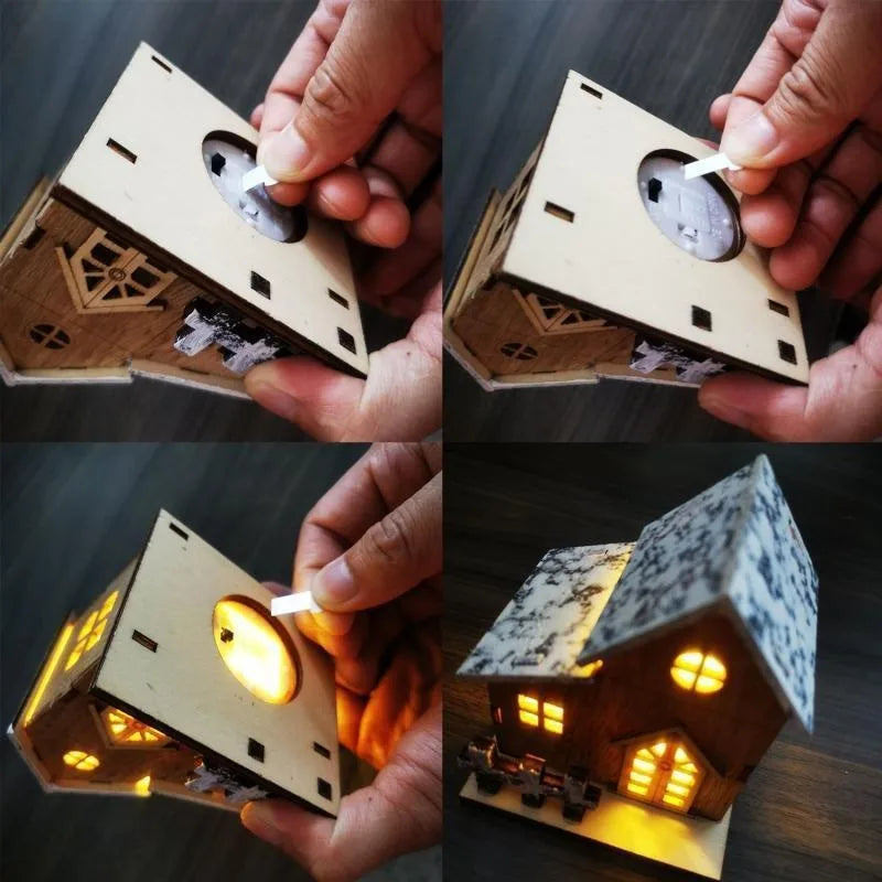 Weihnachtliches LED-Holzhaus mit Schnee und warmweissem Licht 8x7x9,5cm