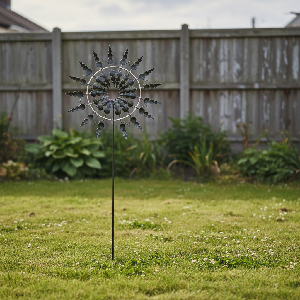 Windrad Garten schwarz – Metall Windspiel auf Erdstab im grünen Garten