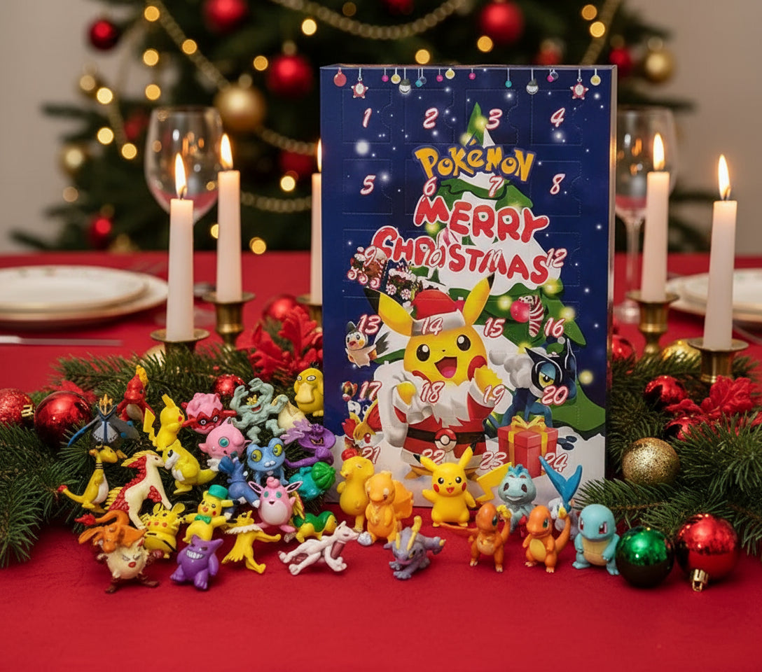 Pokémon Adventskalender 2025 Blaue Classic Edition mit Pikachu im Weihnachtsmantel.