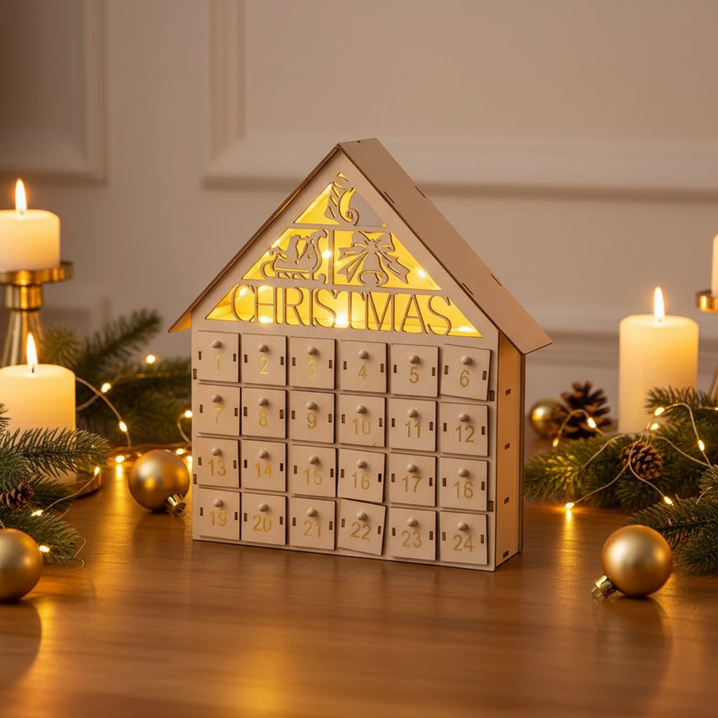 Holz Adventskalender mit LED Weihnachtshaus DIY – Blick auf die Weihnachtsstimmung, ideal für kreative Bastelfans.