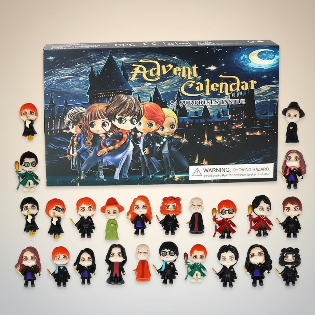 Harry Potter Adventskalender 2025 mit 24 zauberhaften Figuren aus Hogwarts in einer festlichen Umgebung, perfekt für die Adventszeit.