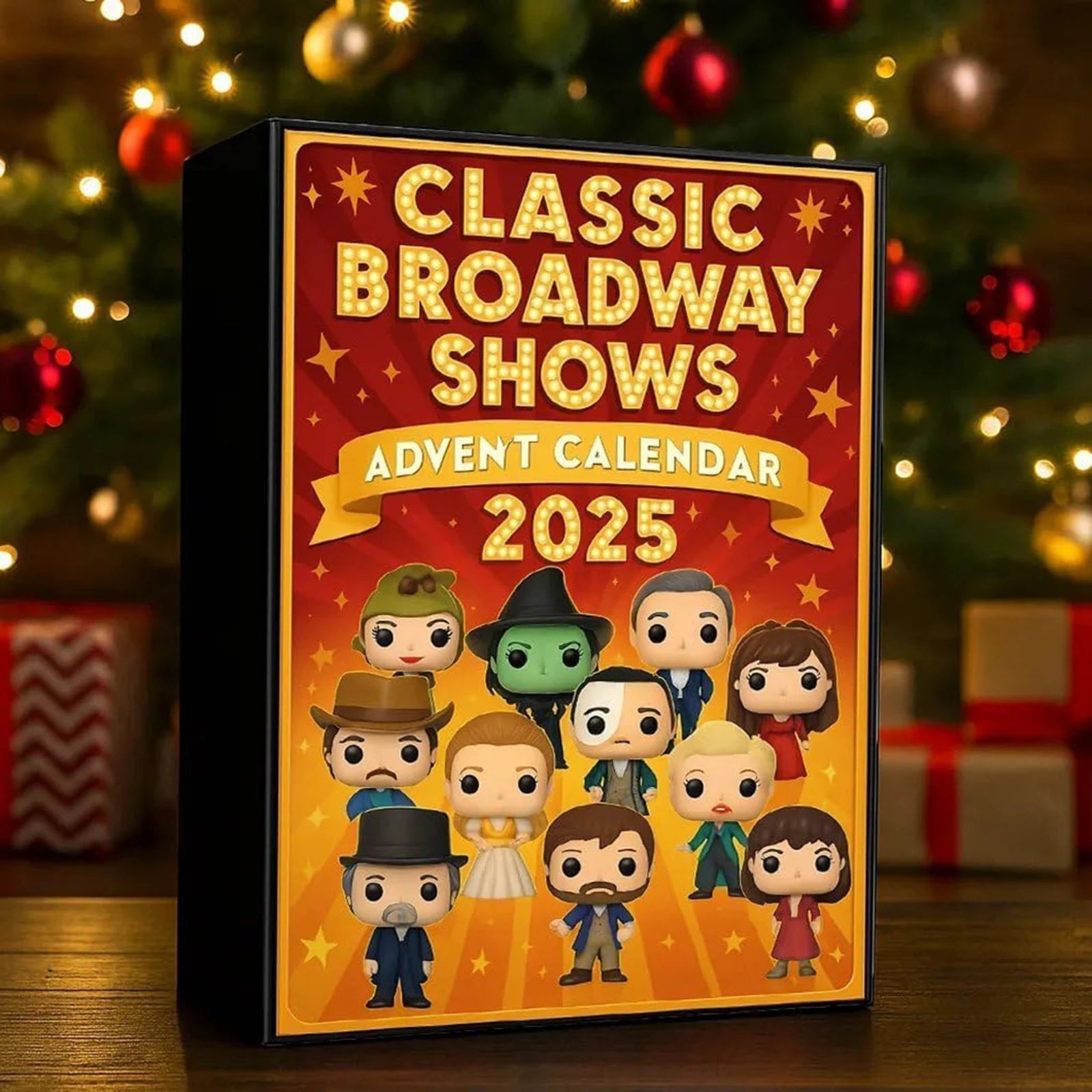 Festliche Präsentation des Klassischen Broadway Shows Adventskalenders 2025, ideal als Geschenk für Theaterliebhaber.