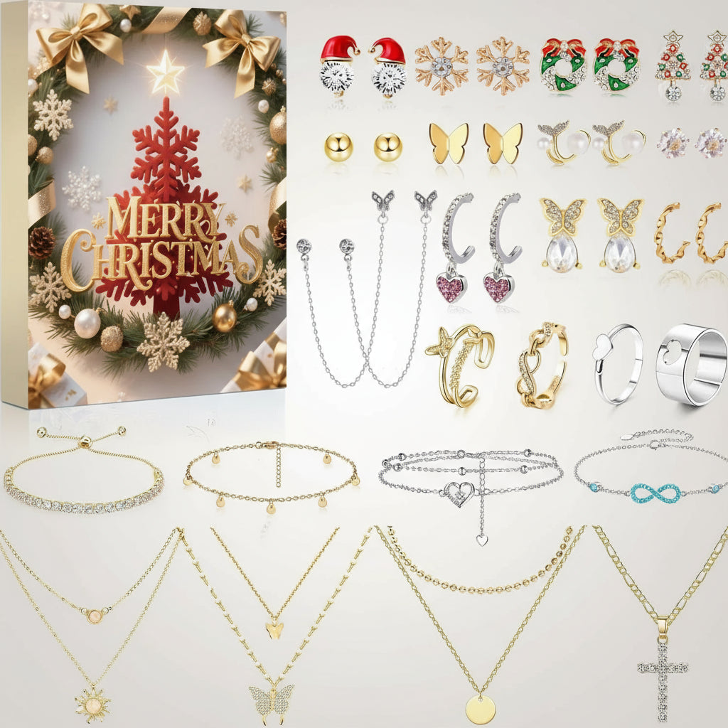 Eine Auswahl an funkelnden Schmuckstücken des Festlichen Schmuck Adventskalender 2025, perfekt als Weihnachtsgeschenk.