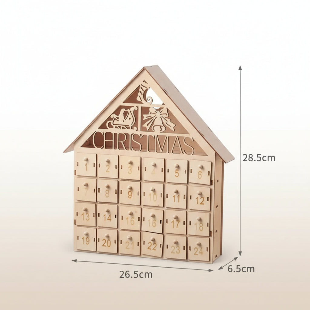 Holz Adventskalender mit LED Weihnachtshaus DIY – Detailansicht des handgefertigten Designs mit stimmungsvoller LED-Beleuchtung.