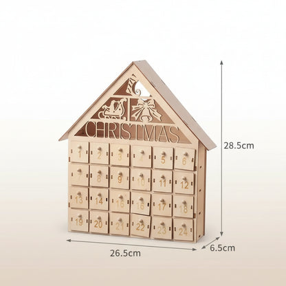 Holz Adventskalender mit LED Weihnachtshaus DIY – Detailansicht des handgefertigten Designs mit stimmungsvoller LED-Beleuchtung.
