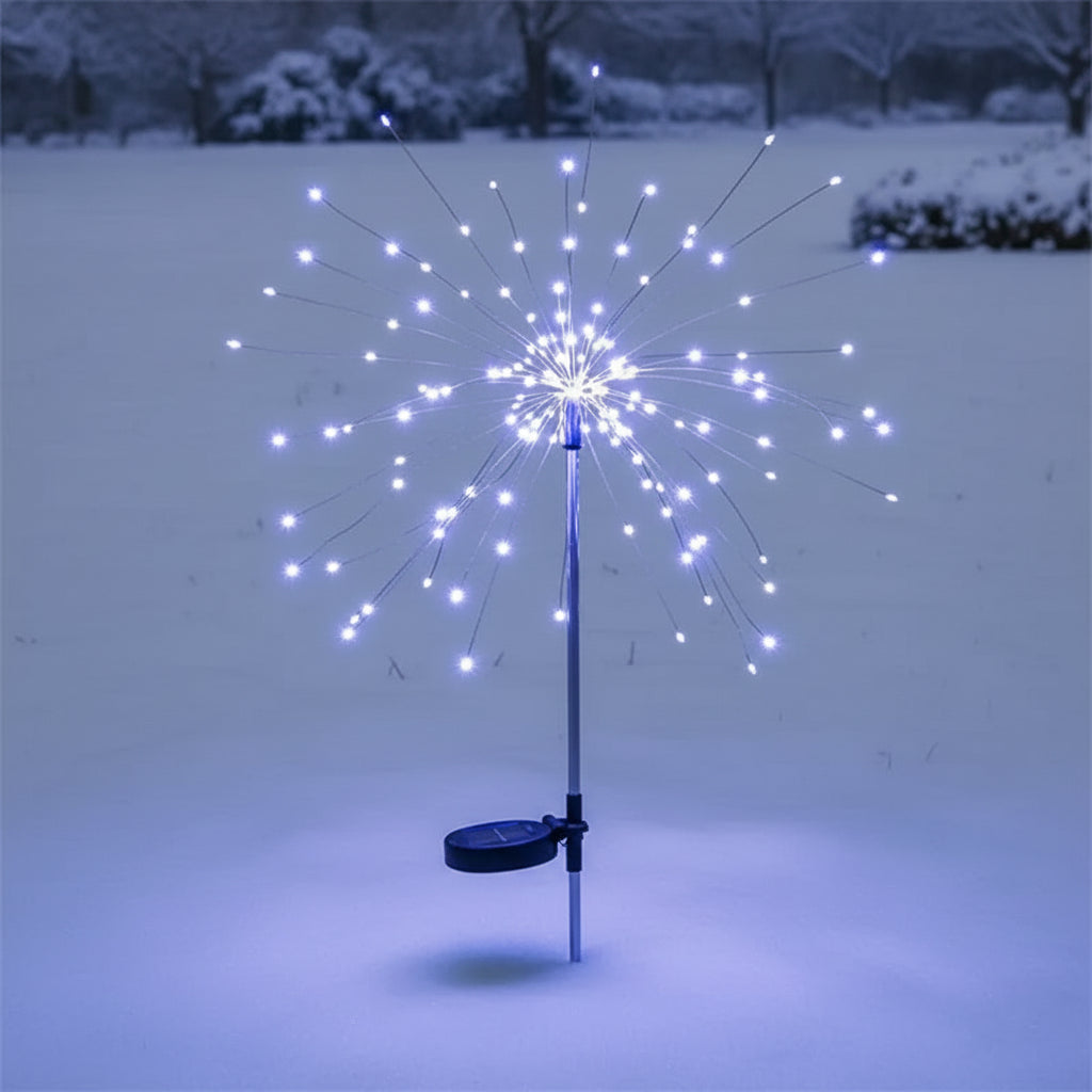 Nachtaufnahme des Solar LED Weihnachts- und Feuerwerkslichts, das einen magischen Effekt in einem Balkonbereich erzeugt.