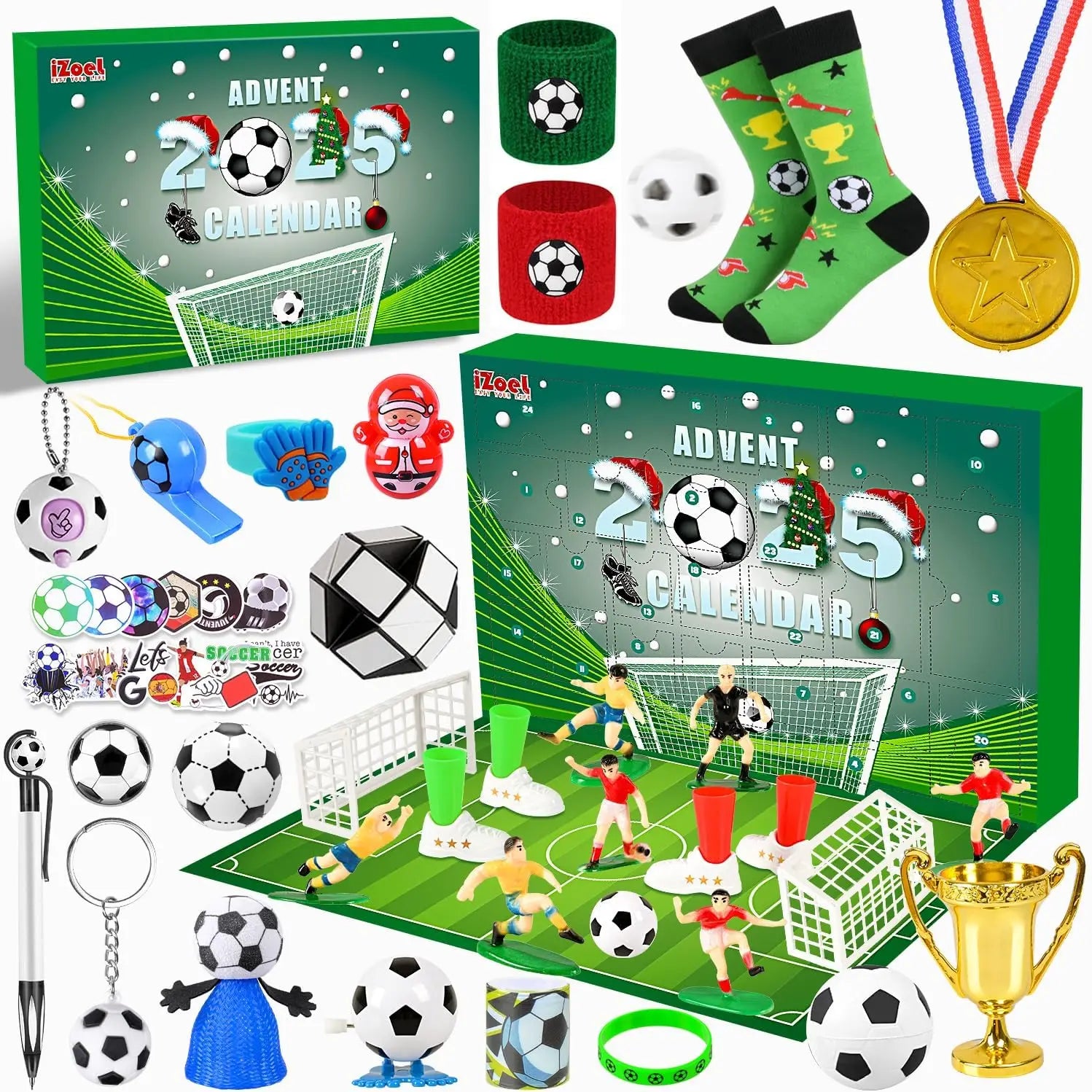 Fussball Adventskalender 2025 – Das ultimative Weihnachtsgeschenk für Fussballfans, zeigt die bunten Überraschungen wie Mini-Fussballfiguren, Socken, Medaillen und mehr, ideal für Fussballbegeisterte in der Adventszeit.