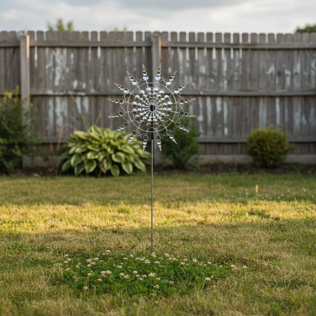 Windrad Garten silber 40 cm – Metall Windspiel gross auf Erdstab im Garten