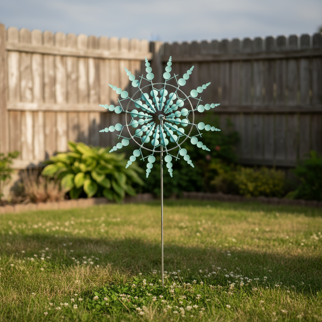 Windrad Garten türkis – Metall Windspiel auf Erdstab im grünen Garten