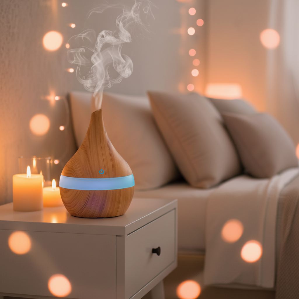 Nahaufnahme des Mini Aroma Diffuser USB Holzoptik, zeigt die edle Holzoptik und das stylische Design.