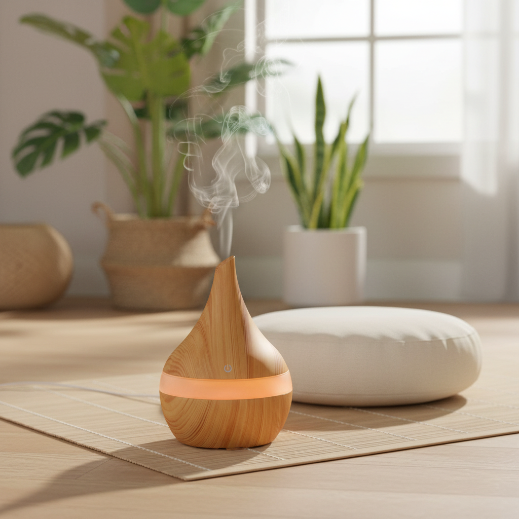 Der Mini Aroma Diffuser USB Holzoptik zeigt seine Funktionen zur Aromatisierung und LED Beleuchtung.