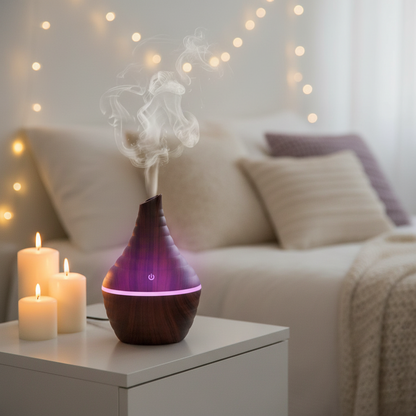 Illustration des Mini Aroma Diffuser USB Holzoptik mit eingebauter Ultraschall-Technologie für flüsterleisen Betrieb.