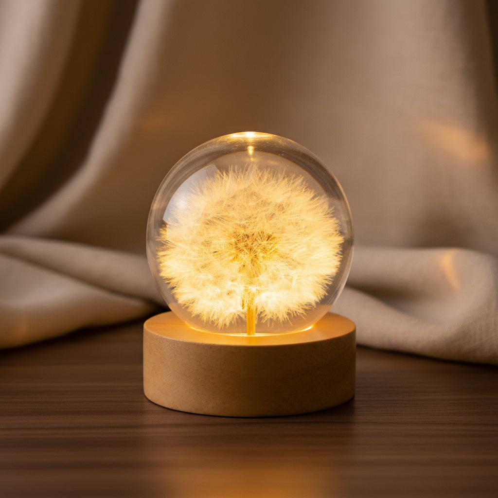 Kristallkugel Nachtlicht 6 cm Pusteblume Glaskugel Nachtlampe Holzsockel USB