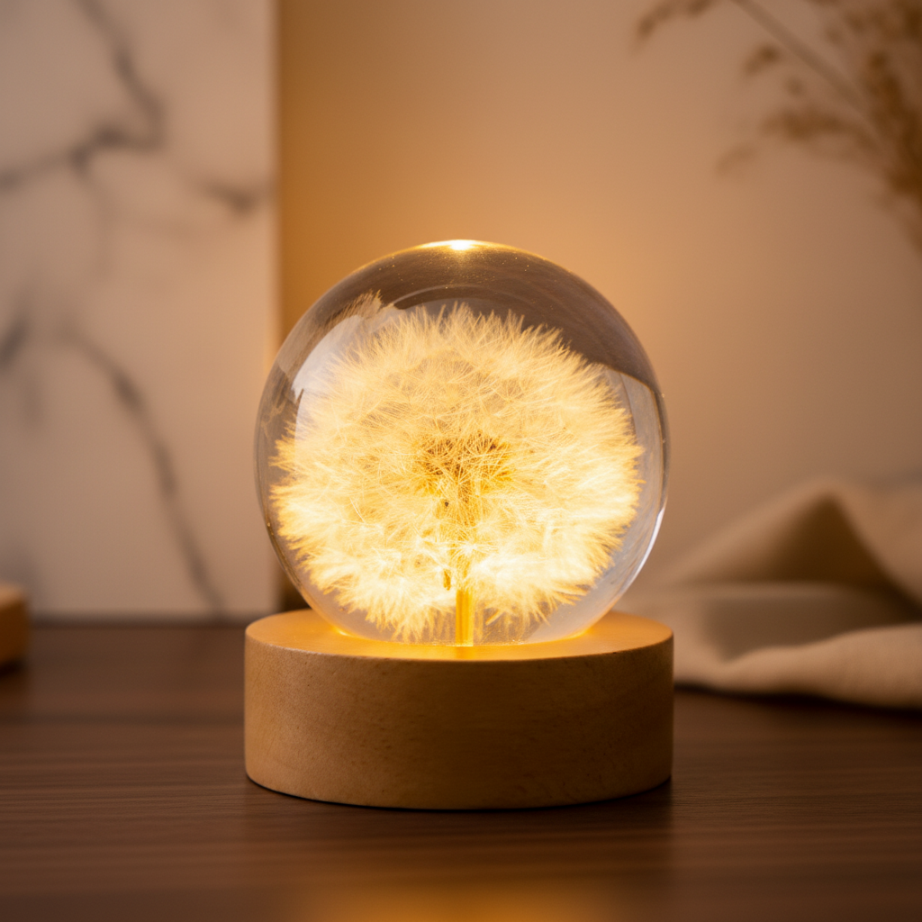 Kristallkugel Nachtlicht 6 cm Pusteblume Glaskugel weisser Hintergrund LED Holzsockel
