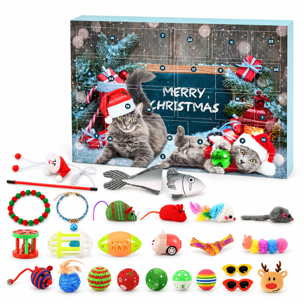 Adventskalender für Katzen mit Merry-Christmas-Box und 24 Katzenspielzeugen wie Katzenangel, Plüschfisch, Mäusen und Bällen