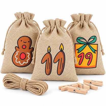 Adventskalender Jutebeutel mit bunt bedruckten Zahlen als Motive, dazu Hanfschnur und kleine Holzklammern