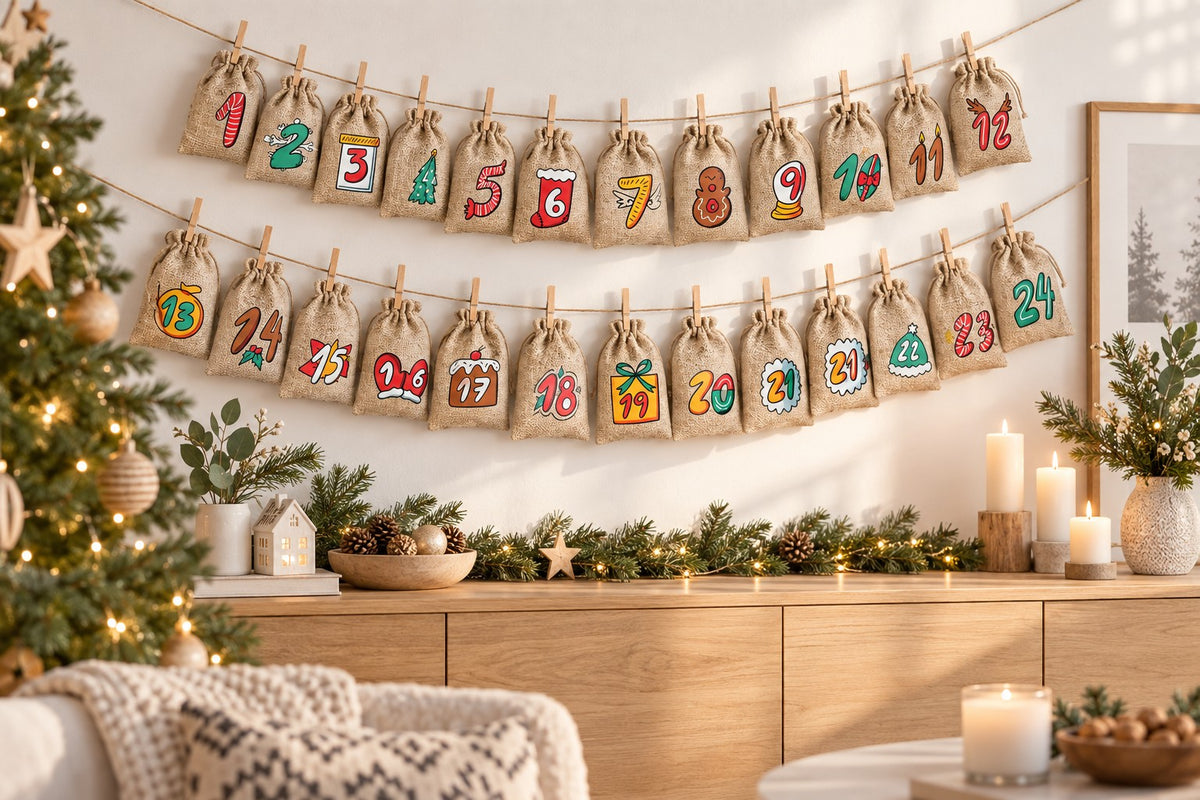 24 Jutebeutel mit bunten Zahlen hängen in zwei Reihen an Hanfschnur über einem Sideboard