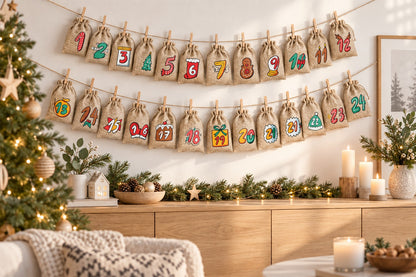 24 Jutebeutel mit bunten Zahlen hängen in zwei Reihen an Hanfschnur über einem Sideboard