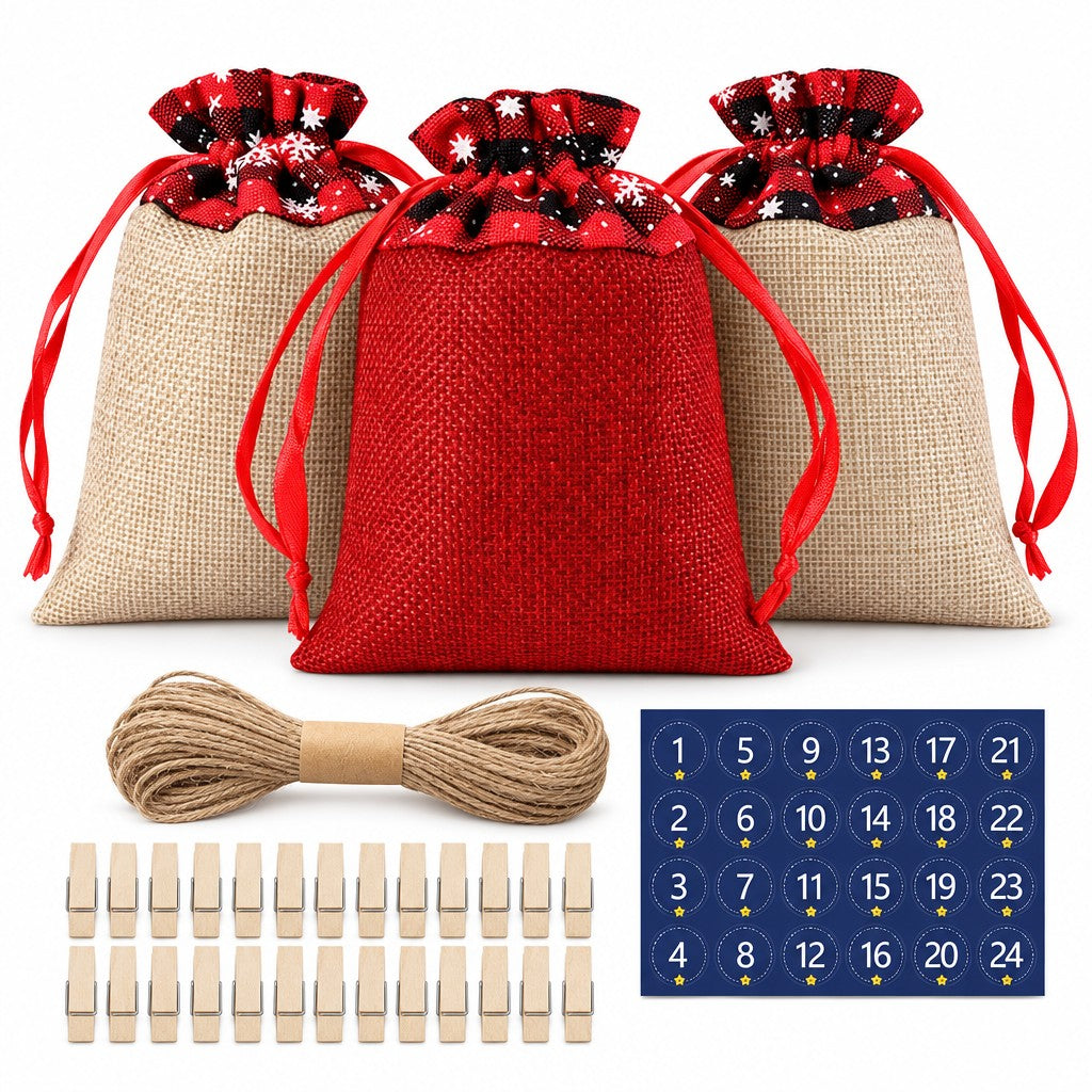 Adventskalender Jutesäckchen in Natur und Rot mit Karo-Rand, dazu Bogen mit Zahlen-Stickern, Hanfschnur und Holzklammern