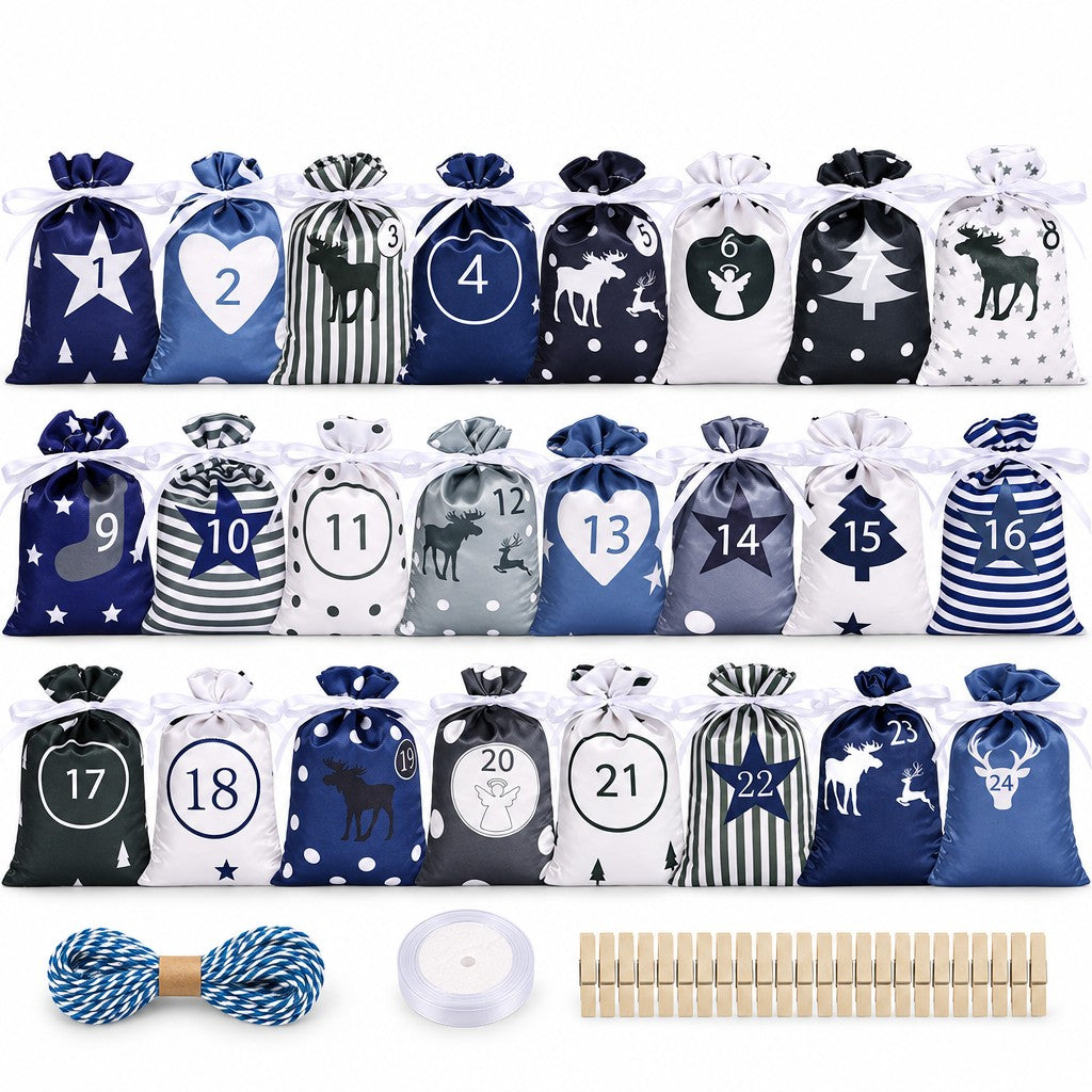 Adventskalender aus Satin: 24 Säckchen in Dunkelblau, Hellblau, Weiss und Grau mit Zahlen, Kordel und Holzklammern