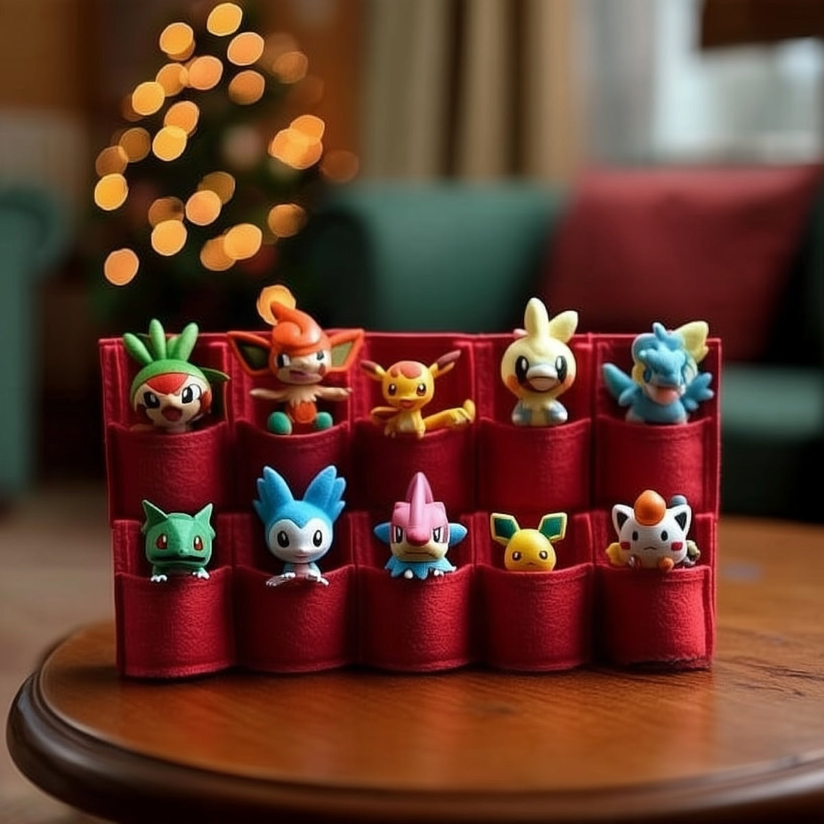 Roter Filz-Adventskalender, aus den Taschen schauen kleine Anime-Figuren als Füllung