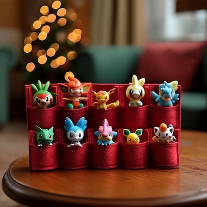 Roter Filz-Adventskalender, aus den Taschen schauen kleine Anime-Figuren als Füllung