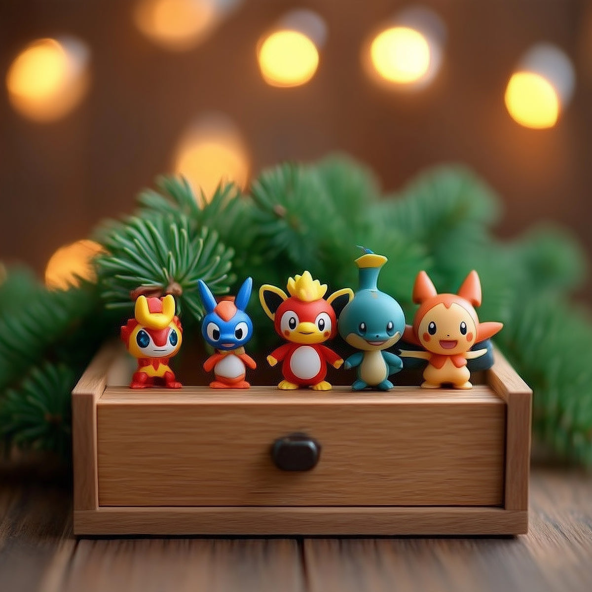 Bunte Mini-Anime-Figuren auf einer Holzschublade vor Tannenzweigen und Lichterketten