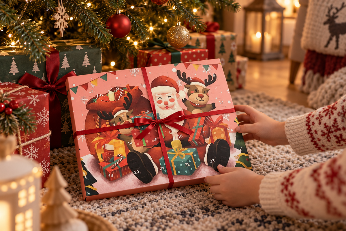 Kinderhände halten die rosa Weihnachtsmann-Box mit rotem Band auf einem Teppich zwischen Geschenkpaketen