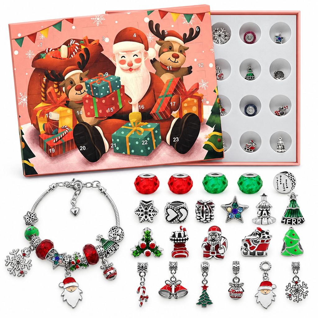 Armband Adventskalender Mädchen: rosa Box mit Weihnachtsmann und zwei Rentieren, daneben Armband und Charms